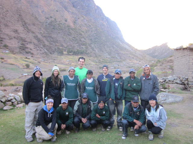 The whole Inca Trail Dream Team on Day 2...the 6 of us trekkers, Francisco, our cook, and 8 superstar porters