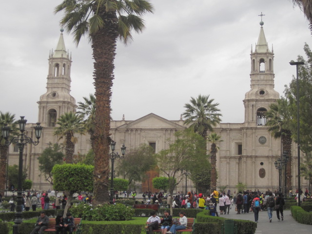Facing the main Cathedral in the Plaza de Armas