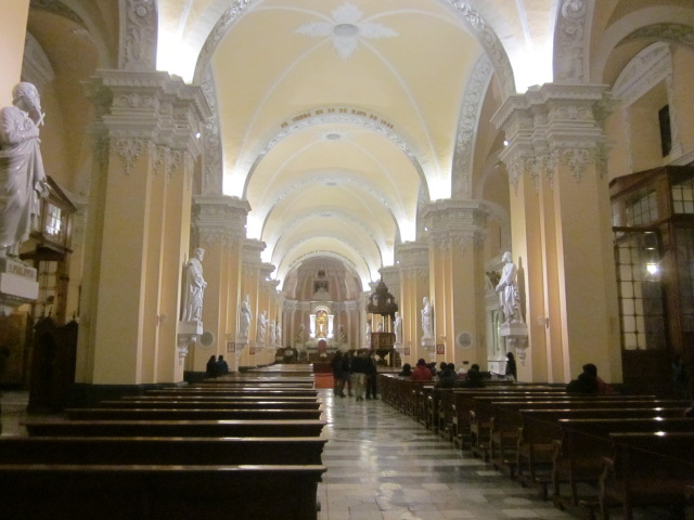 Inside the cathedral was very...yellow.  It actually had some really cool sculptures along the walls.