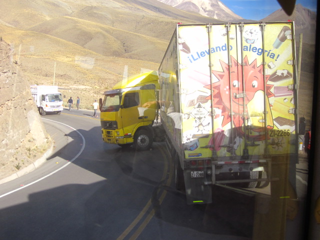 Jack-knifed semi...the scariest part of it all?  In lieu of waiting for him to get towed (likely hours), we went AROUND him to the right.  There was nothing between us and the treacherous drop to the canyon bottom!