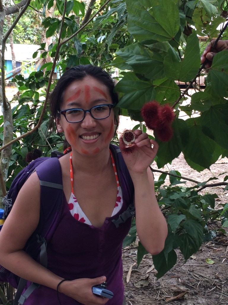 Tarzan decided to use me as a model for how the urucu plant's seeds are used as pigment