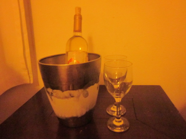 Bottle of wine delivered to our bungalow, courtesy of the hotel